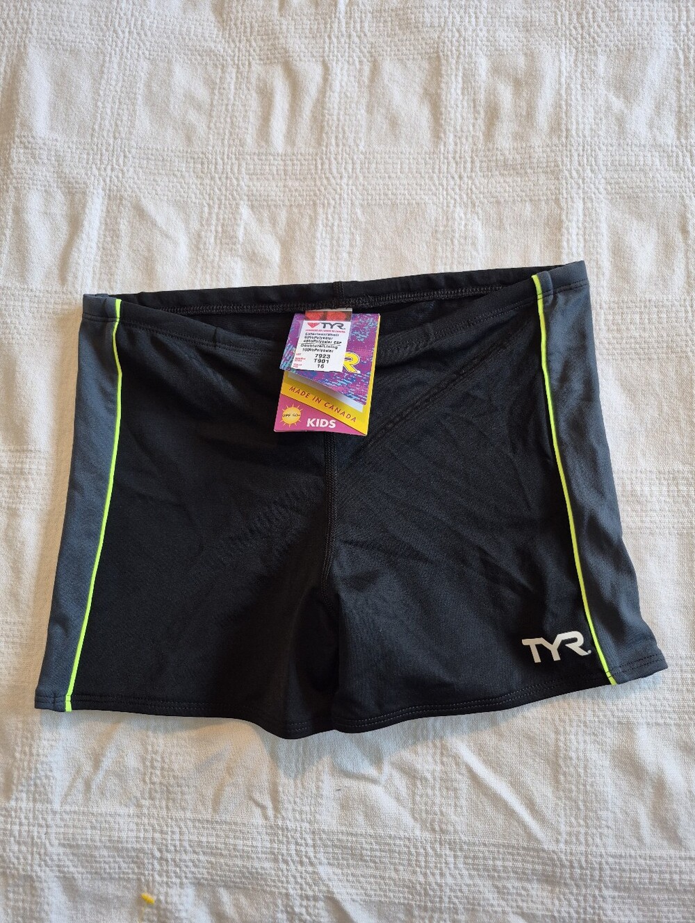 TYR boys swim trunks size 12 or 16 black with gray side panel NWT